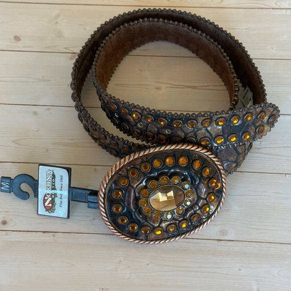 Nocona Brown Leather Belt with Bling and Brass Color Accents. Size M main image 6